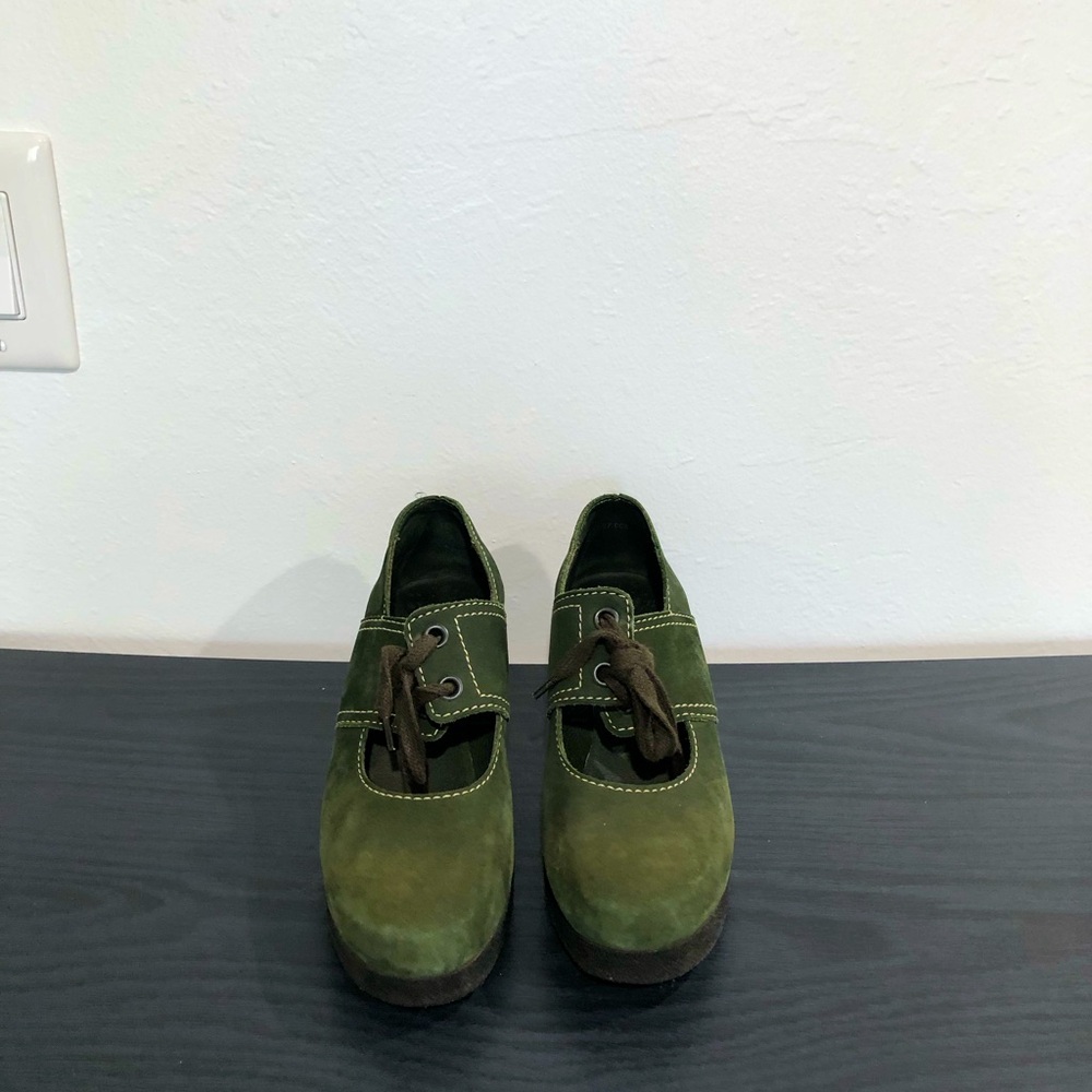 Wedge shoes, made in France, dark green, suede leather, size 8.5